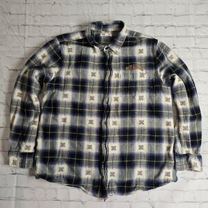 PacSun Mens Paranoid Embroidered Plaid Flannel Shirt Blue Black Cream Large